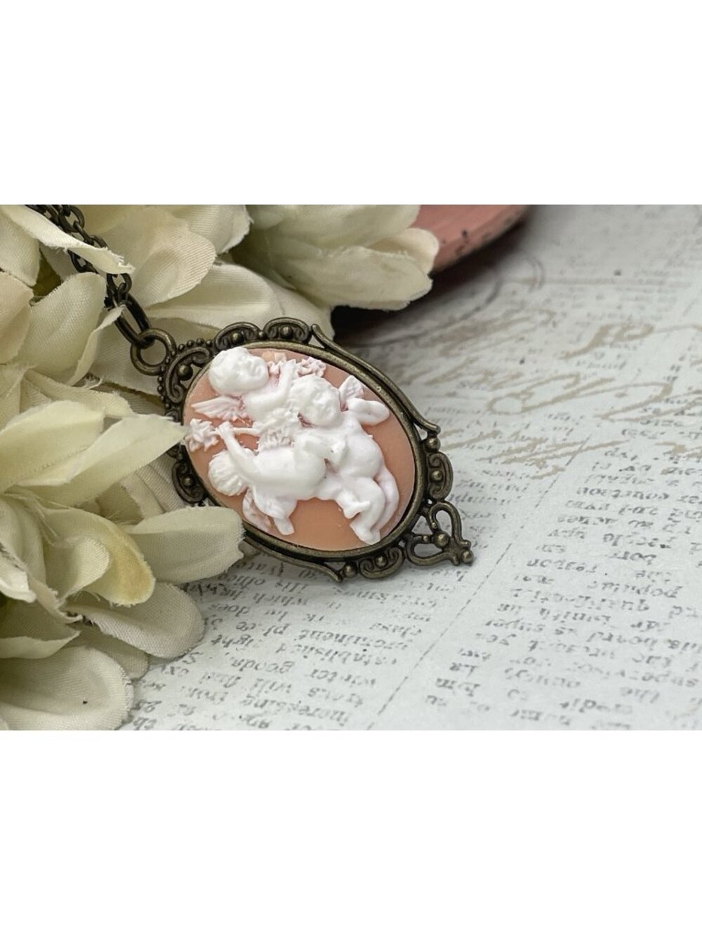 Peach Blush Cherubs Angel Fall Necklace Scroll Setting Gift Mom Wedding Wife